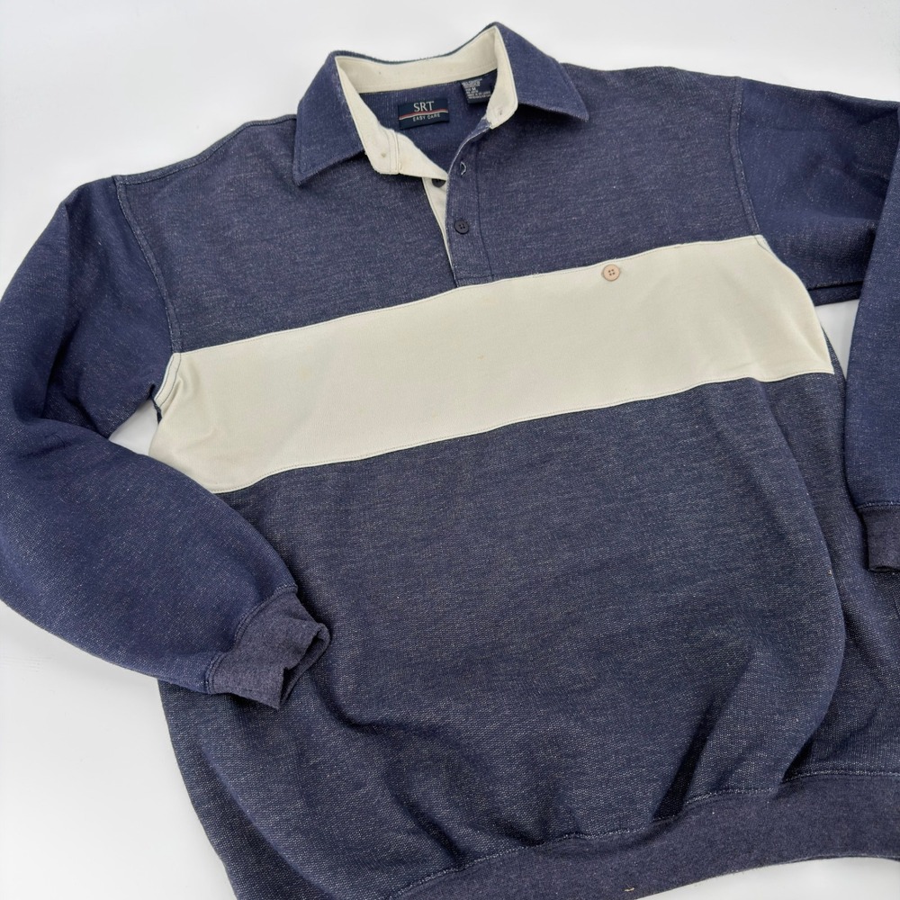 SRT Men's Blue and Cream Stripe Long Sleeve Polo Shirt Size Medium Casual‎